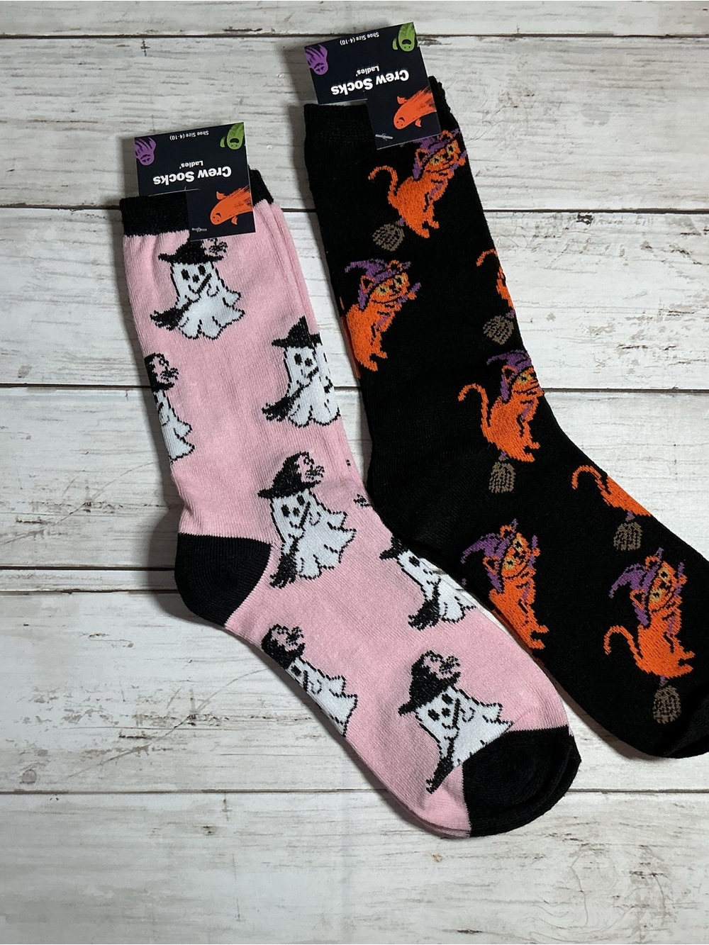 Women’s Halloween Crew Socks Duo - Pink Ghost & Black Witch Cat